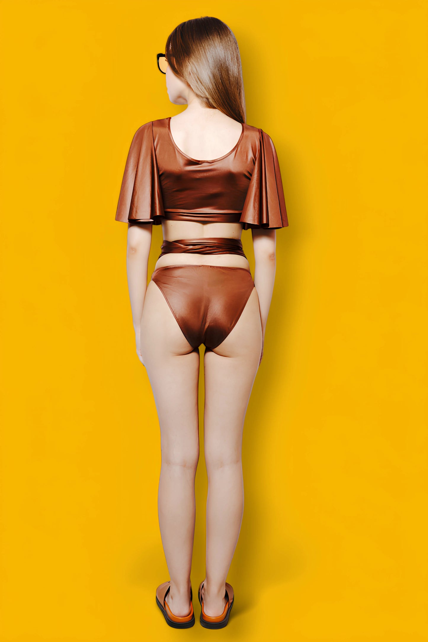 WIDE ALETTA TOP AND BELTED LOGO BIKINI CHOCOLATE BROWN