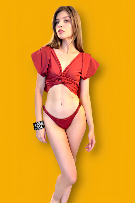 CONCETTA SLEEVED WRAP TOP AND ELASTIC SLIP BIKINI BRANDY