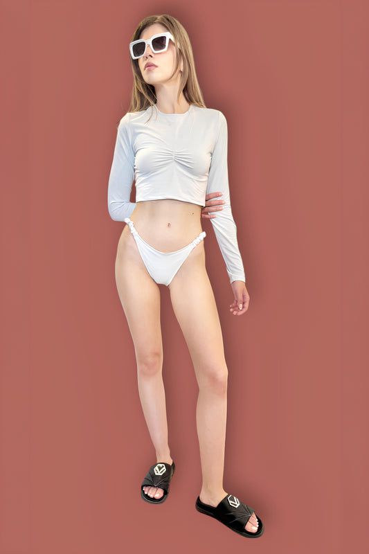LONG SLEEVED RUCHED TOP AND ELASTIC SLIP BIKINI SHIMMER WHITE